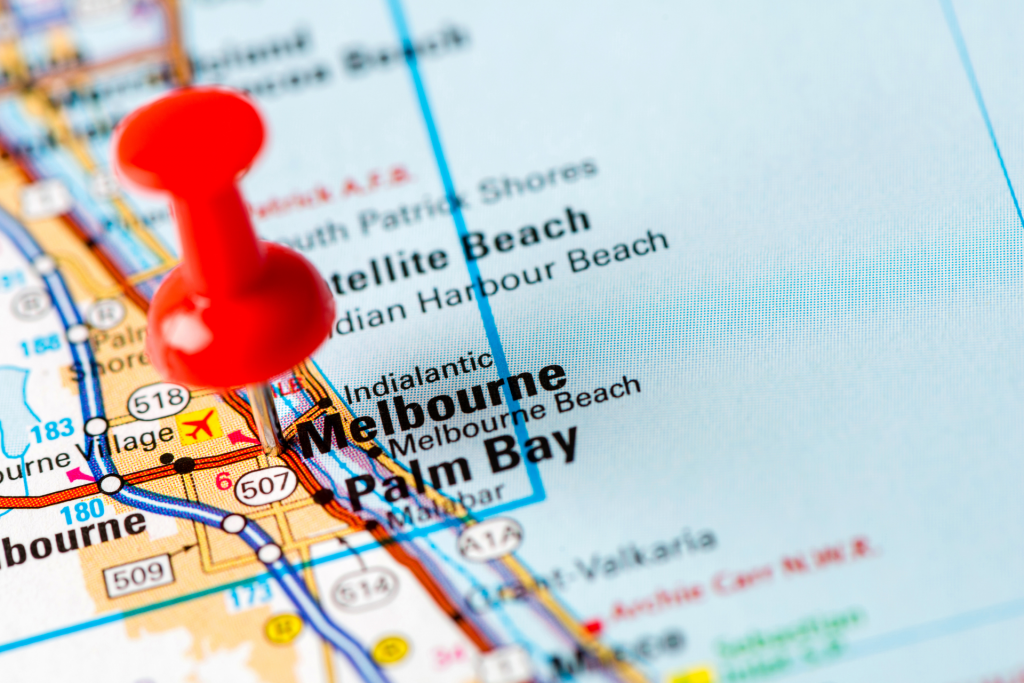 map of melbourne fl with a pin on it